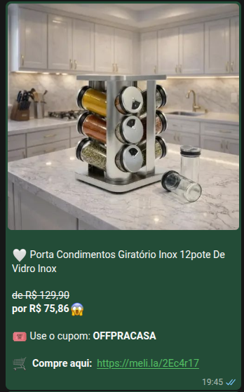 Print de oferta: porta-condimentos giratório inox com desconto