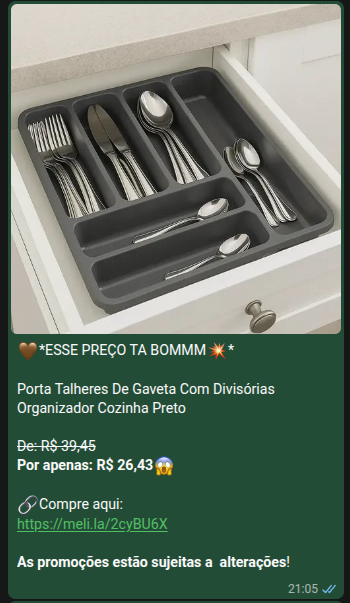 Print de oferta: porta-talheres organizador de gaveta com desconto