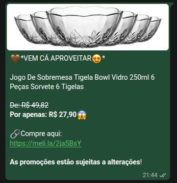 Print de oferta: jogo de tigelas de vidro com desconto no Mercado Livre