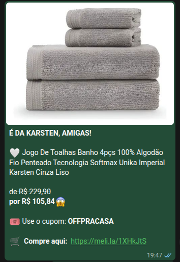 Print de oferta: jogo de toalhas Karsten com cupom OFFPRACASA
